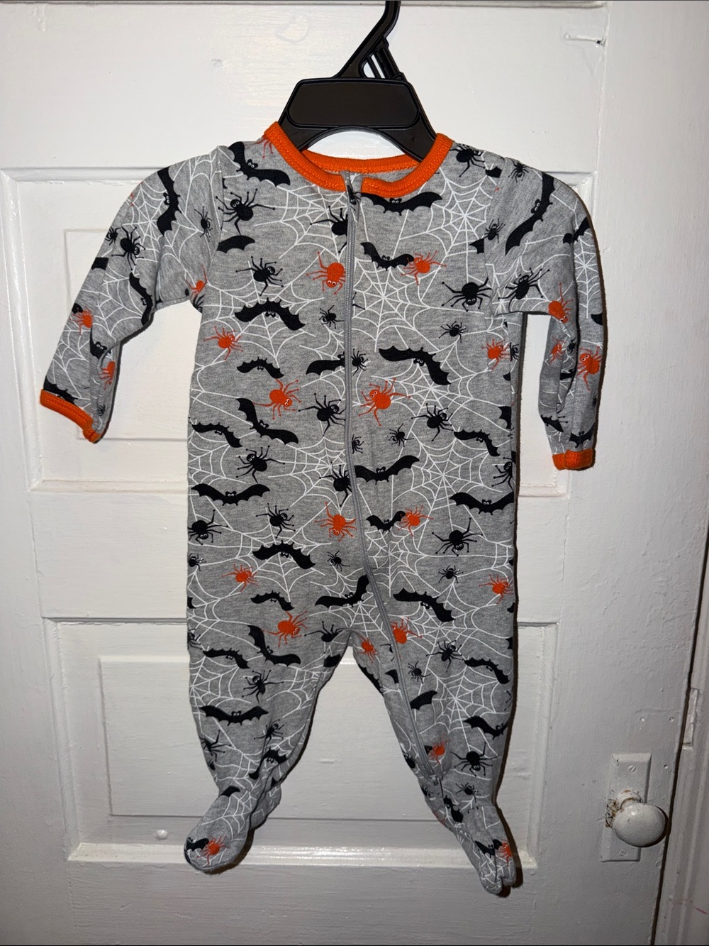 Cozy Halloween Spider & Bat Footed One-Piece - Gray with Orange Trim